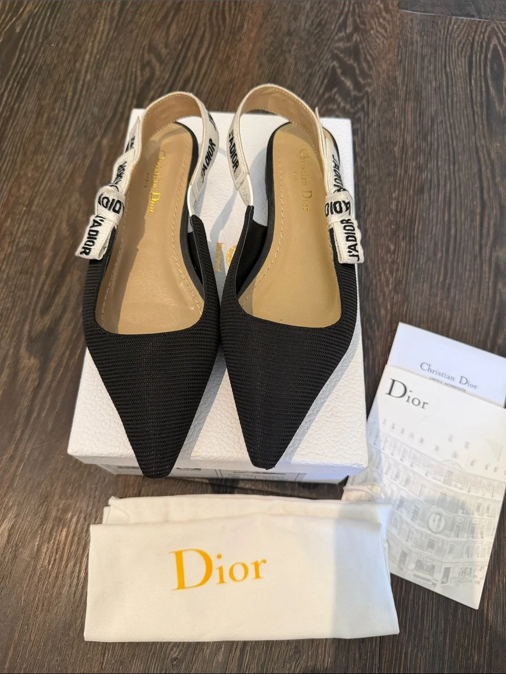 Dior Black Pointed Slingback Flats with J'Adior Ribbon